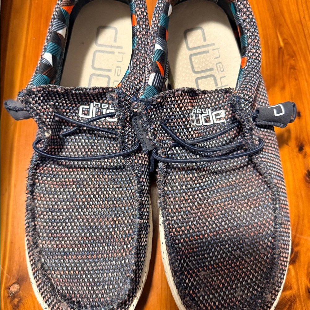 Hey Dude Moccasins - Blue and Orange Pattern